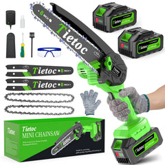 tietoc mini chainsaw front view showing compact design and guide bar for easy storage