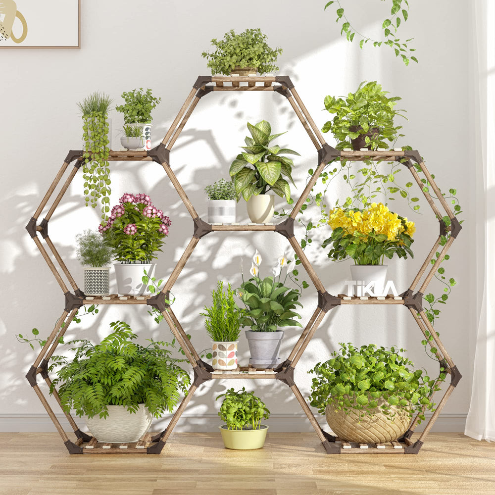 Tikea front view hexagonal plant stand showcasing organized pots and stability