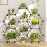 Tikea front view hexagonal plant stand showcasing organized pots and stability