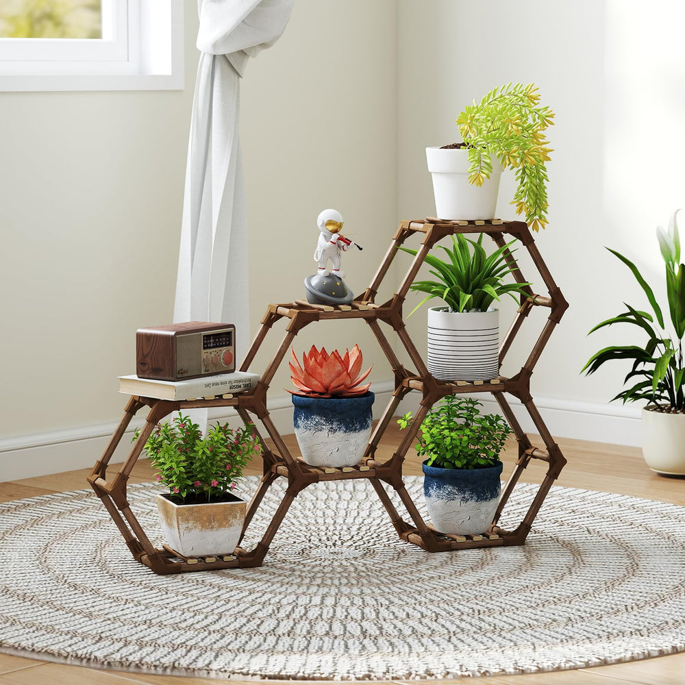 Tikea hexagonal plant stand front view showing seven-tier display and neat corner fit