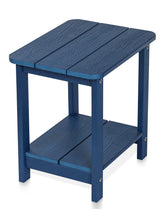 Tikea navy blue side table front view showing compact silhouette and clean lines