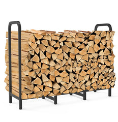 Tikimilor front view of 4ft firewood rack showing organized stack and easy access