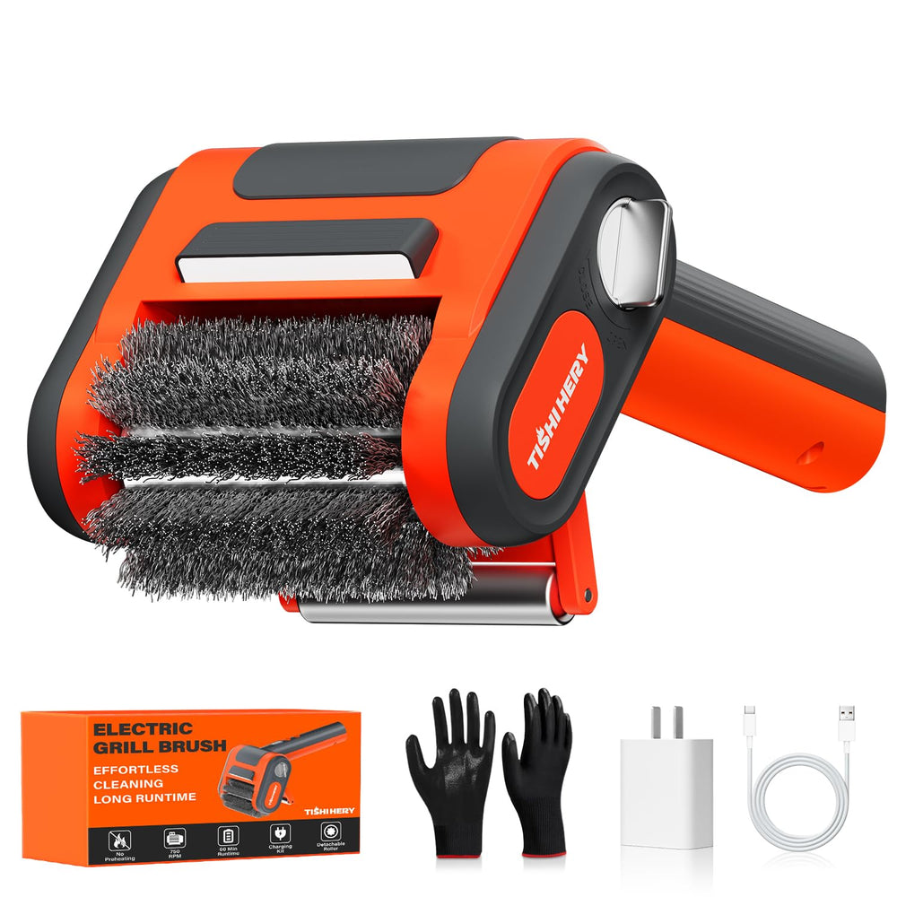 TISHI HERY front view of cordless grill brush showing compact design and portability