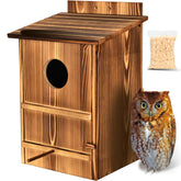 TKVAZK front view of owl box showing roomy entrance and protective overhang