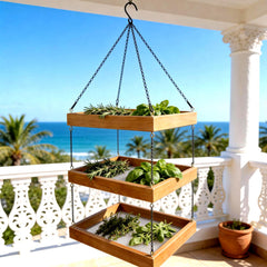 Tnstbiee front view of 3-tier wooden herb dryer showing compact design and hanging chain benefits