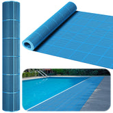 Tondiamo front view of rolled blue pool mat showing size and coverage benefit