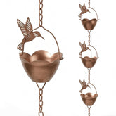 Topadorn front view of full 7.85 ft rain chain showing hummingbirds and cups, decorative curb appeal