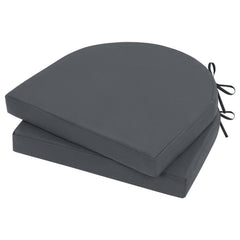 Topotdor front view of two dark gray chair cushions showing neat rounded corners and ties
