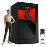 TOREAD sauna front view showing cabin and remote, highlighting easy setup