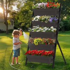TOREVSIOR front view of elevated planter showing five stacked tiers and space-saving benefit