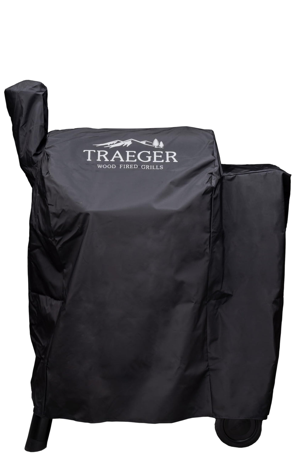 Traeger BAC503 front view showing full-length black cover protecting grill from weather