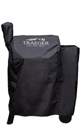 Traeger BAC503 front view showing full-length black cover protecting grill from weather