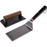 Traeger front view of burger kit showing spatula and press for easy grilling