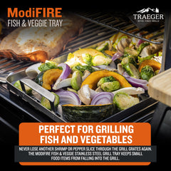 Traeger tray cooking shrimp and vegetables demonstrating even searing benefit