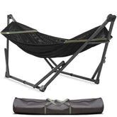 Tranquillo Uniki front view showing assembled black stand and hammock comfort