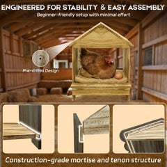 TRINFREE nest box beside a ruler showing 12x12x11–15 inch size for hens