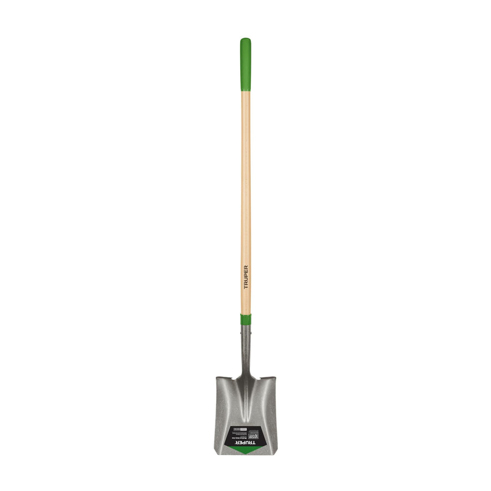 Truper square-point shovel front view showing blade and handle for efficient scooping