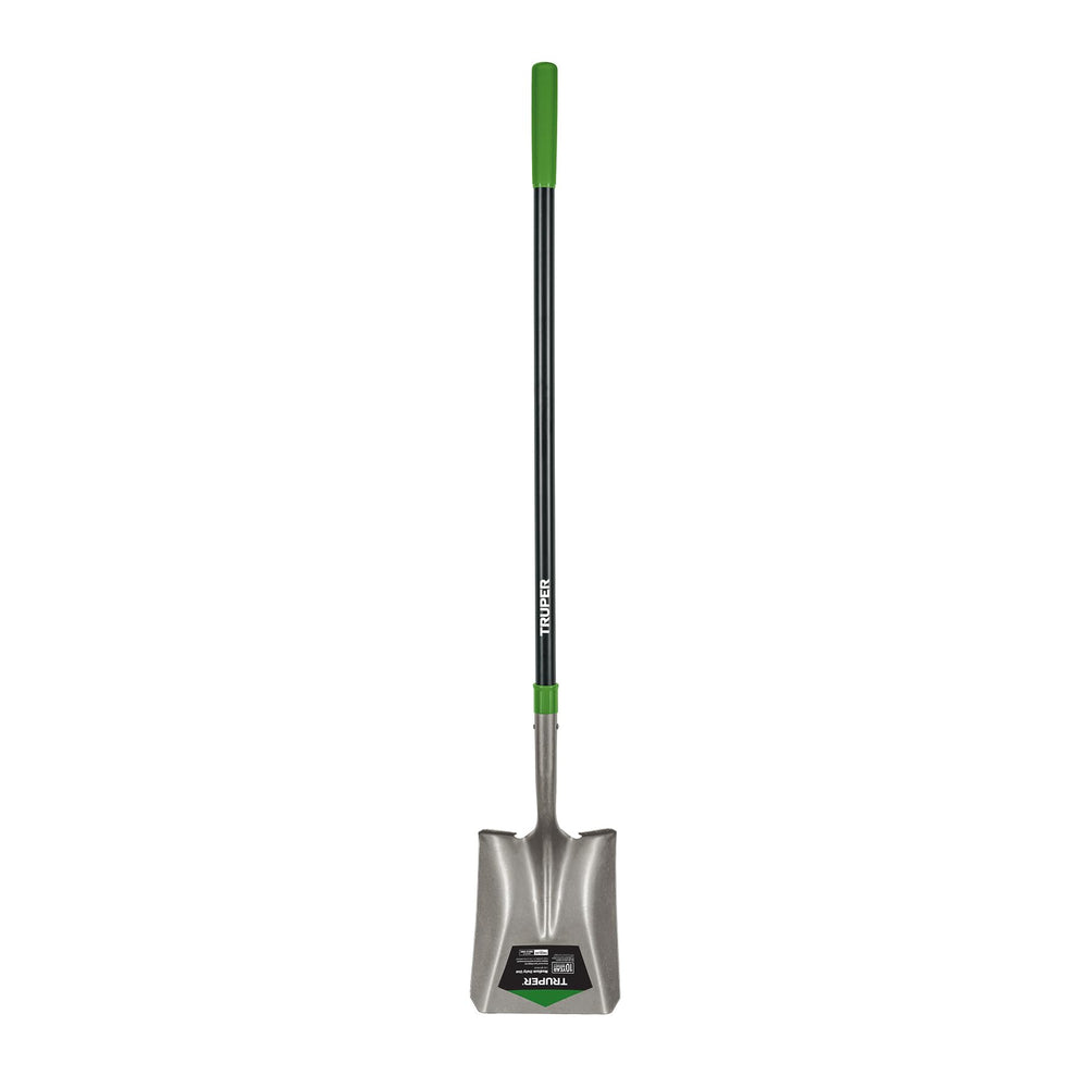 Truper TruTough shovel front view showing blade and shaft, durable construction benefit