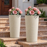 Trygoal front view of two off-white tall planters showing elegant stripe benefit