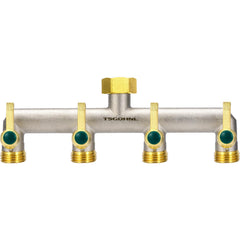 TSGOHNL front view of brass 4-way splitter showing four outlets and handles for durable multi-hose use