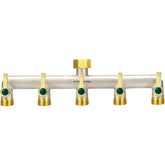 TSGOHNL front view of 5-way brass hose splitter showing durable outlets and finish