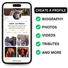 Turning Hearts profile on phone showing tribute webpage access and photos