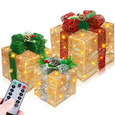 TURNMEON front view of three gold lighted gift boxes showing warm LED glow