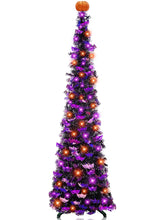 TURNMEON front view showing full 6ft black tinsel tree with orange purple LEDs, striking decor