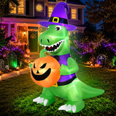 TURNMEON front view of witch dinosaur inflatable showing playful costume and visibility