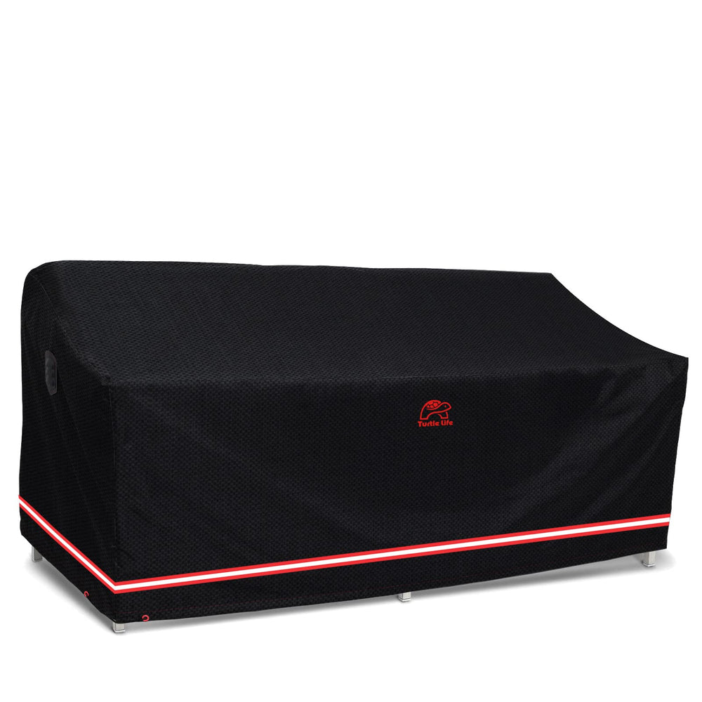 Turtle Life front view of cover on loveseat showing full protection and fit