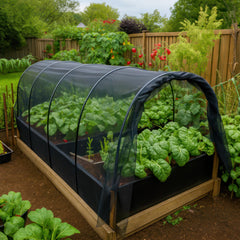 UB-STORE netting draped over vegetable bed protecting crops