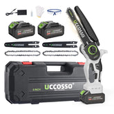UCCOSSO front view of mini chainsaw showing compact design and portability benefit