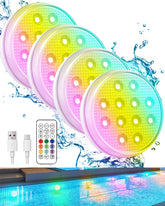 Ueyake front view of four rechargeable pool lights showing bright colors and compact design for versatile use