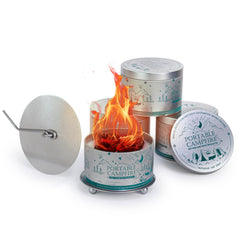 UFelice front view packaging showing four campfires and included accessories for quick setup