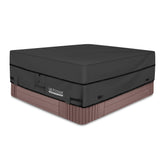 ULTCOVER front view on a 90-inch square hot tub protecting from rain