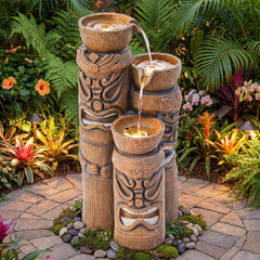 Ultym front view of tiki fountain showing sculpted totem and elegant silhouette benefit ambience
