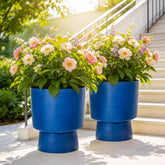 Ultym front view of brushed blue urn planters shows elegant durable finish