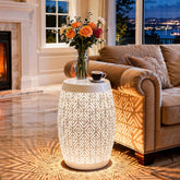 Ultym front view of metal drum table showing modern silhouette and texture, enhances décor