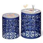 Ultym front view of two blue side tables showing elegant decor and sturdy surface