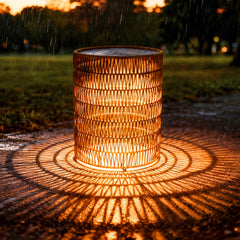 UMMNPR solar lamp glowing at dusk demonstrating cordless ambient evening lighting