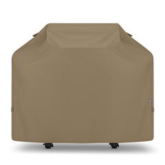 Unicook front view of 50-inch grill cover showing full fit and neutral taupe protection