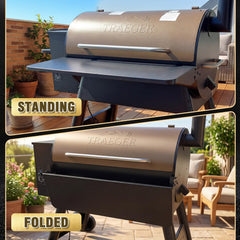 Uniflasy shelf in use holding trays, sauces, and grilling tools for convenience