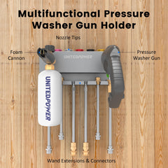 UNITEDPOWER holder with gun and foam cannon mounted, speeds setup and cleanup