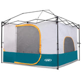 unp front packaging showing ocean blue tent and benefit quick installation