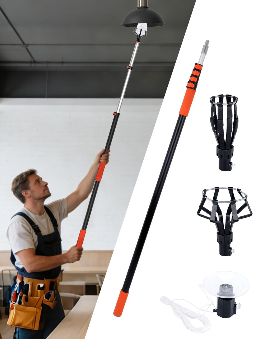 Uojim front packaging showing included pole, suction cup, and basket for safer bulb changes