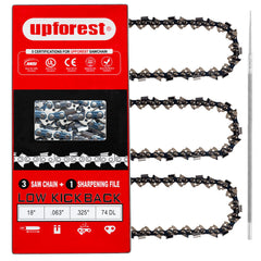 UPFOREST three-pack chains front packaging showing included file and oil — clear replacement option