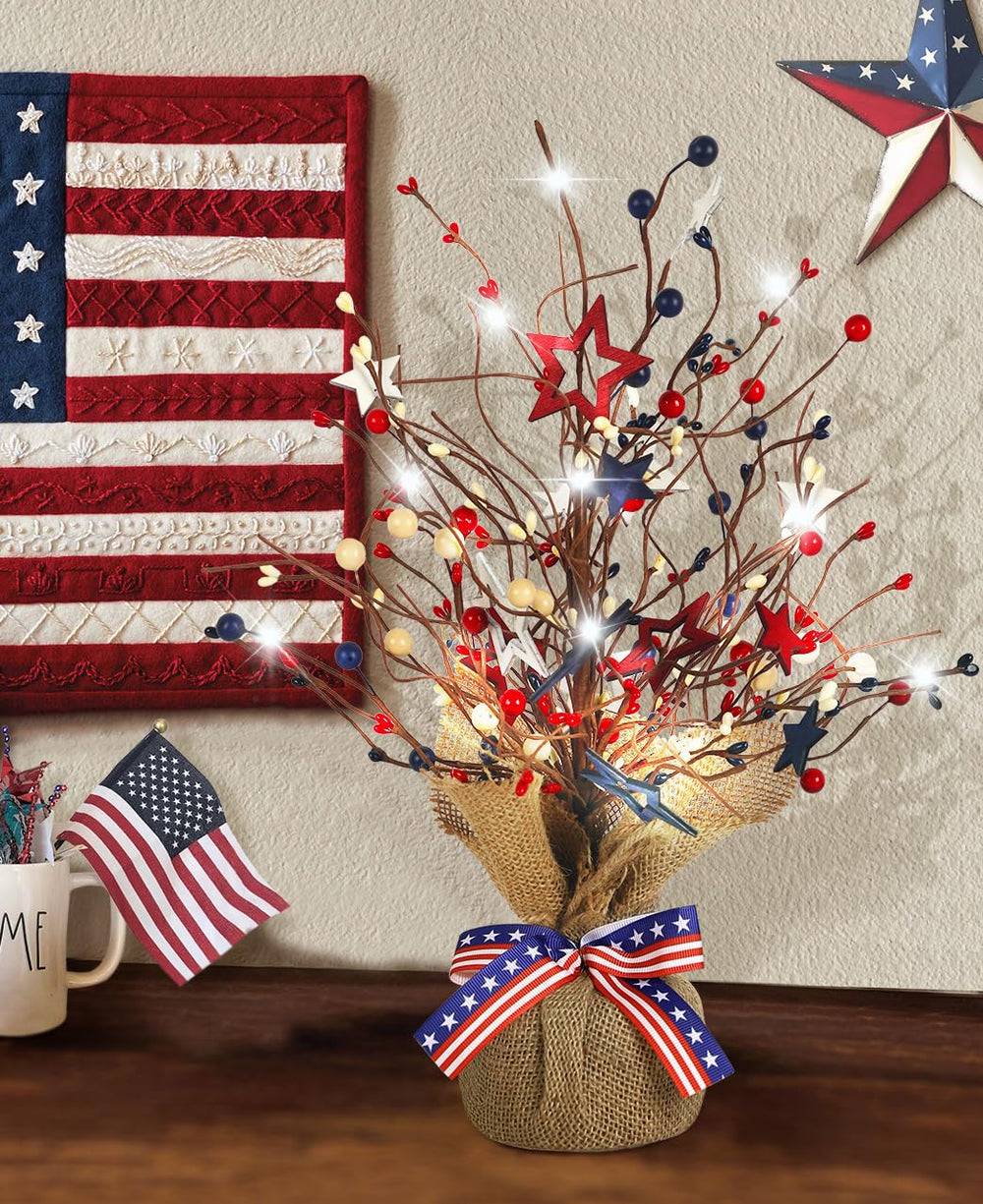 UQJE front view of 17 inch red white blue tree showing full patriotic design and festive benefit