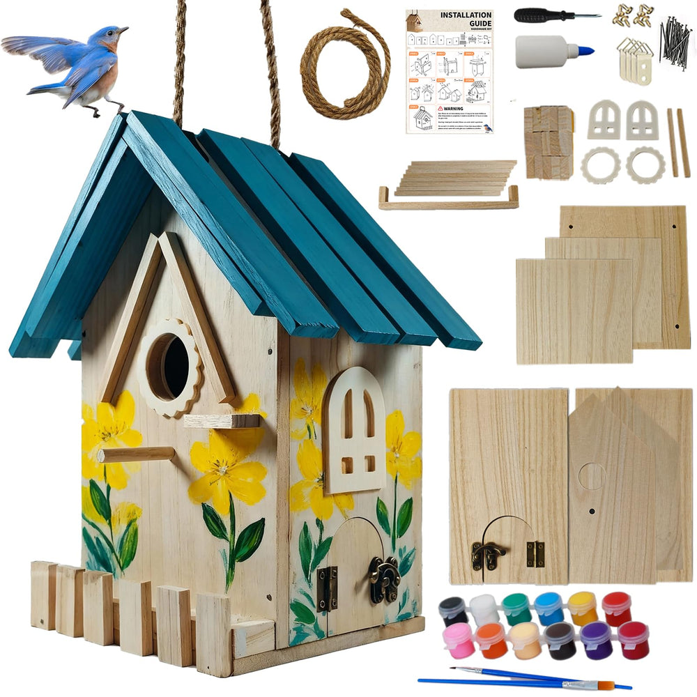 URMYONLY front view of packaged birdhouse kit showing contents and convenience