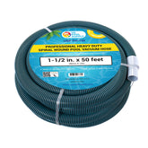 U.S. Pool Supply front view of 1-1/2" x 50' hose showing full length and cuff benefit easy setup