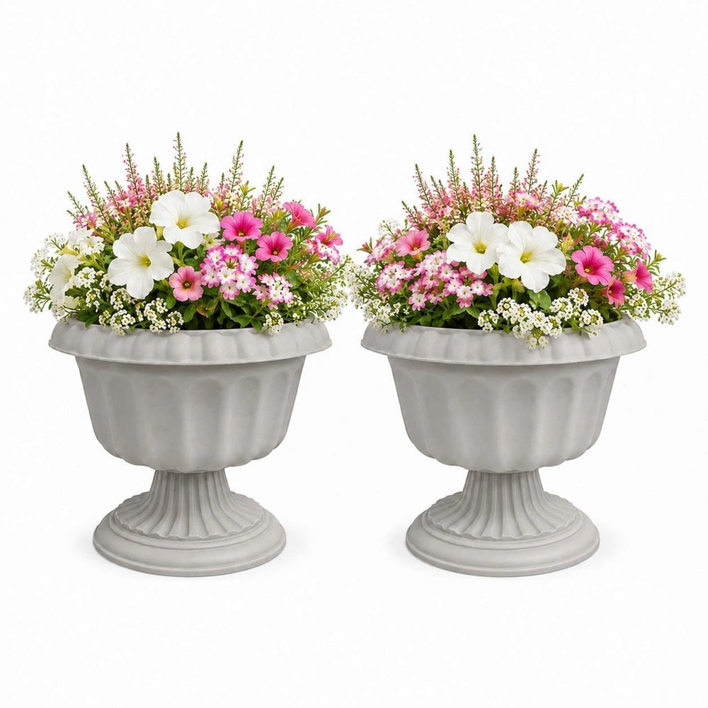 Usocik front view of two stone-gray urn planters showing decorative silhouette and curb appeal